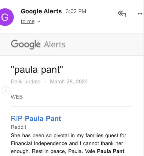 Screenshot of google alert - RIP paula pant