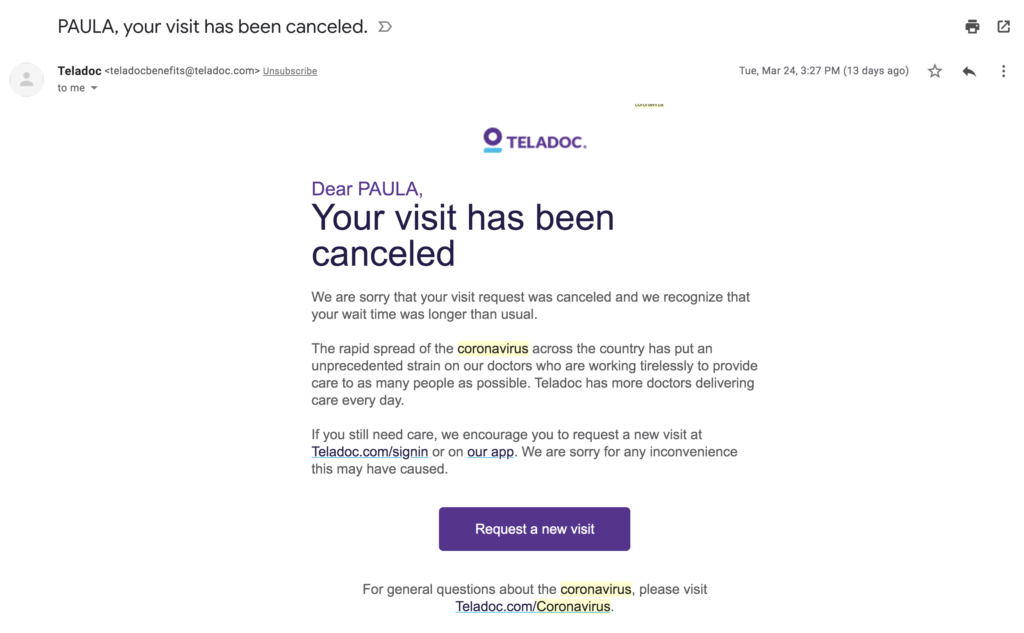 Screenshot of email cancellation for Teladoc