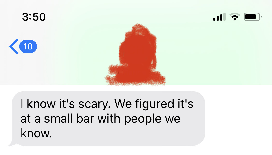 Screenshot of text message from friend about meeting for party