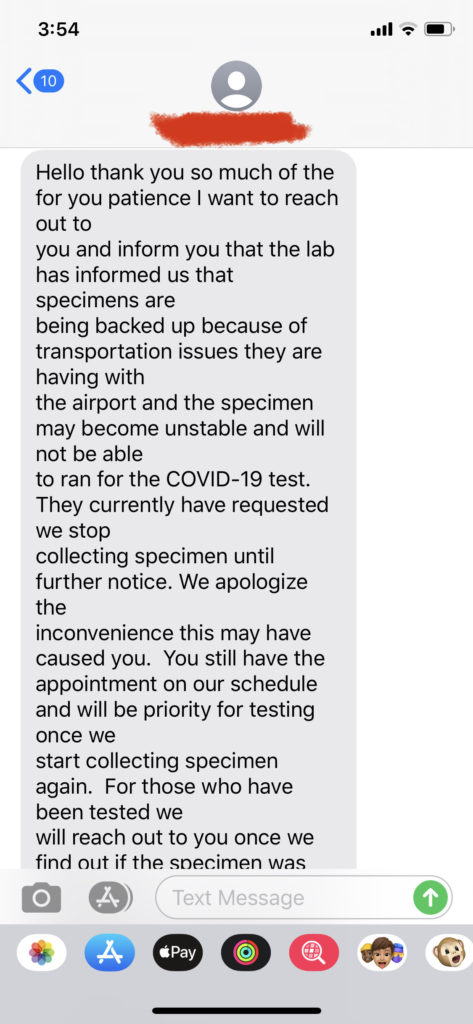 Screenshot of text message from urgent care clinic - cancellation