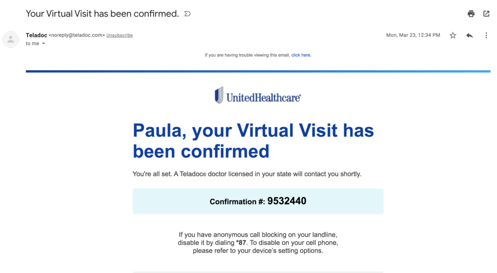 Screenshot of Unitedhealthcare telemed confirmation