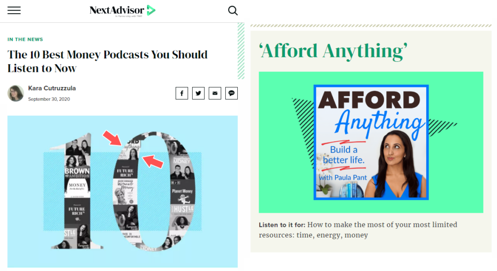 Afford Anything podcast mentioned on NextAdvisor with TIME