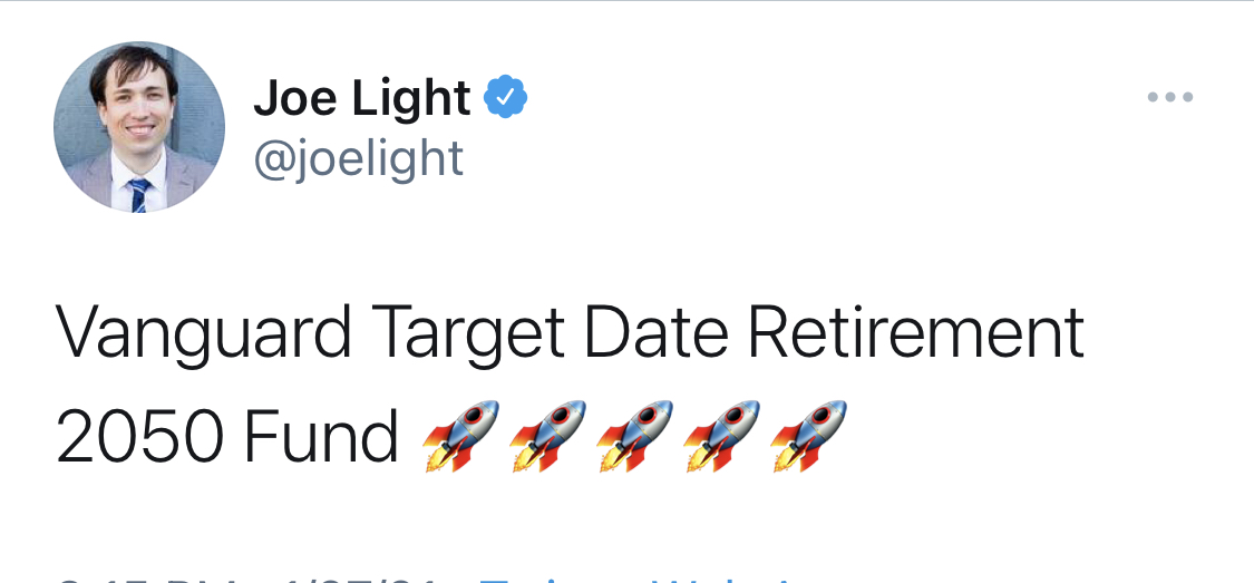 Joe Light tweet about Vanguard target date retirement funds